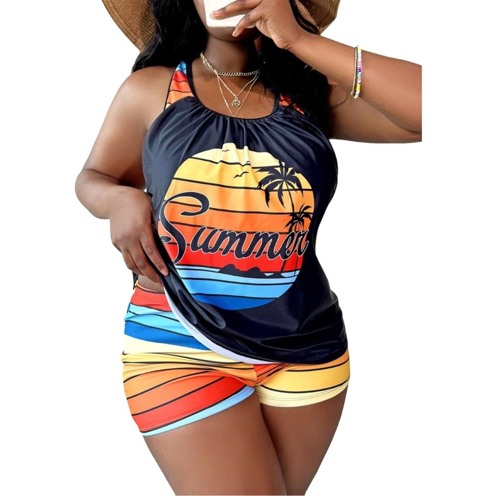 New Plus Size Tankini Striped Top Shorts Bikini Bathing Suit Swimsuit Set